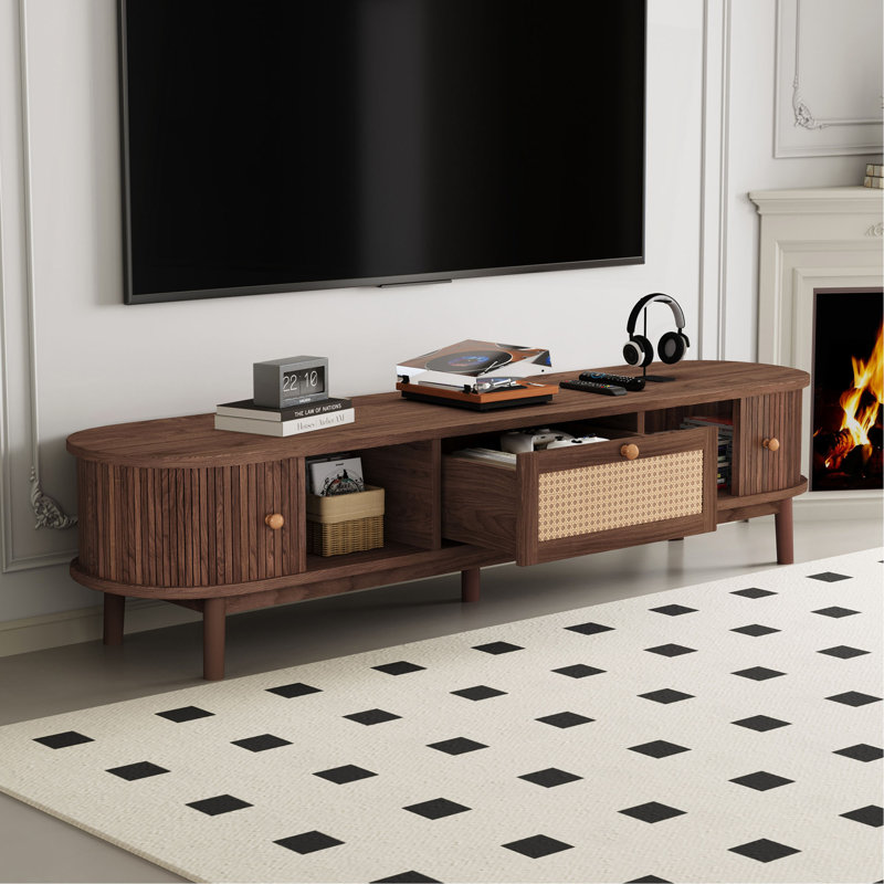 TV Stand for 75” TVs, Modern Dark Brown Media Console with Rattan Drawer &amp; Sliding Doors | Dark Brown | Solid Wood+MDF