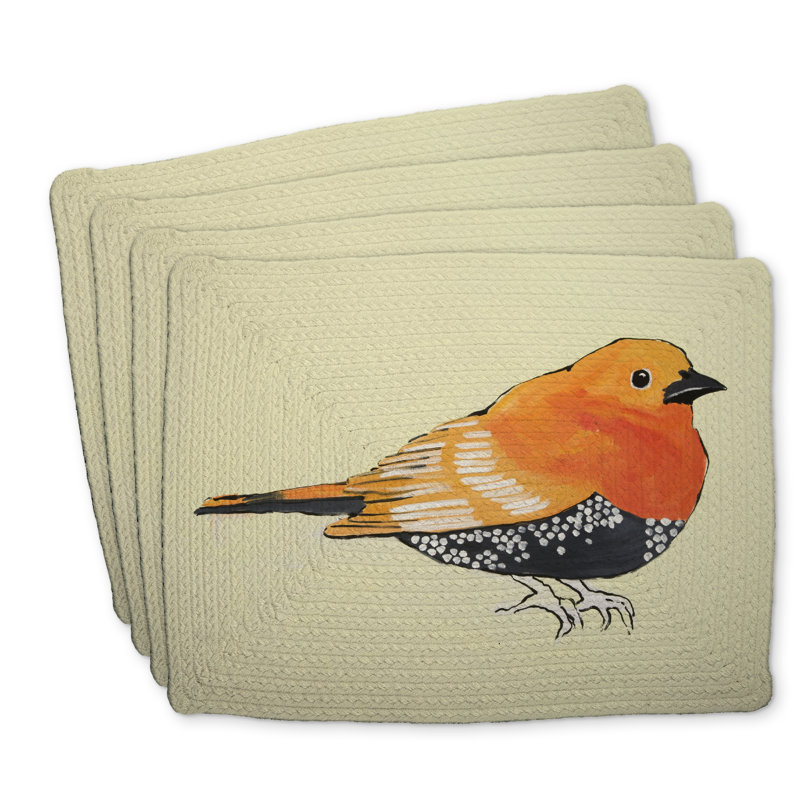 Ensemble de 4 napperons en polyester tressé - motif petit oiseau orange