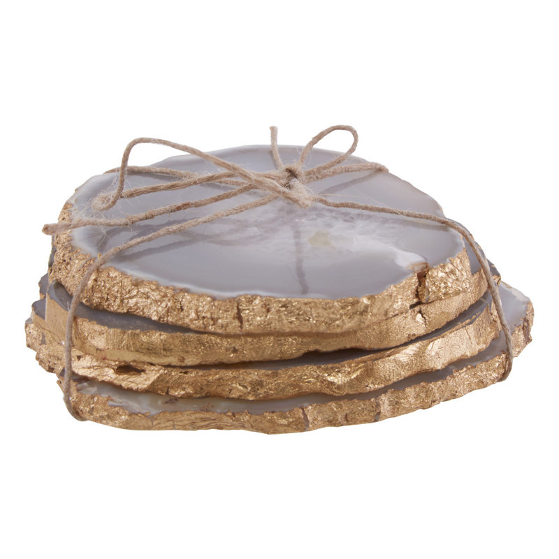 Stoneware 4 Piece Coaster Set, Grey/Gold