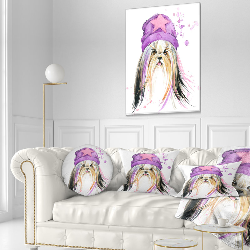 Élégant chiot avec un chapeau mauve - Coussin décoratif à imprimé animal