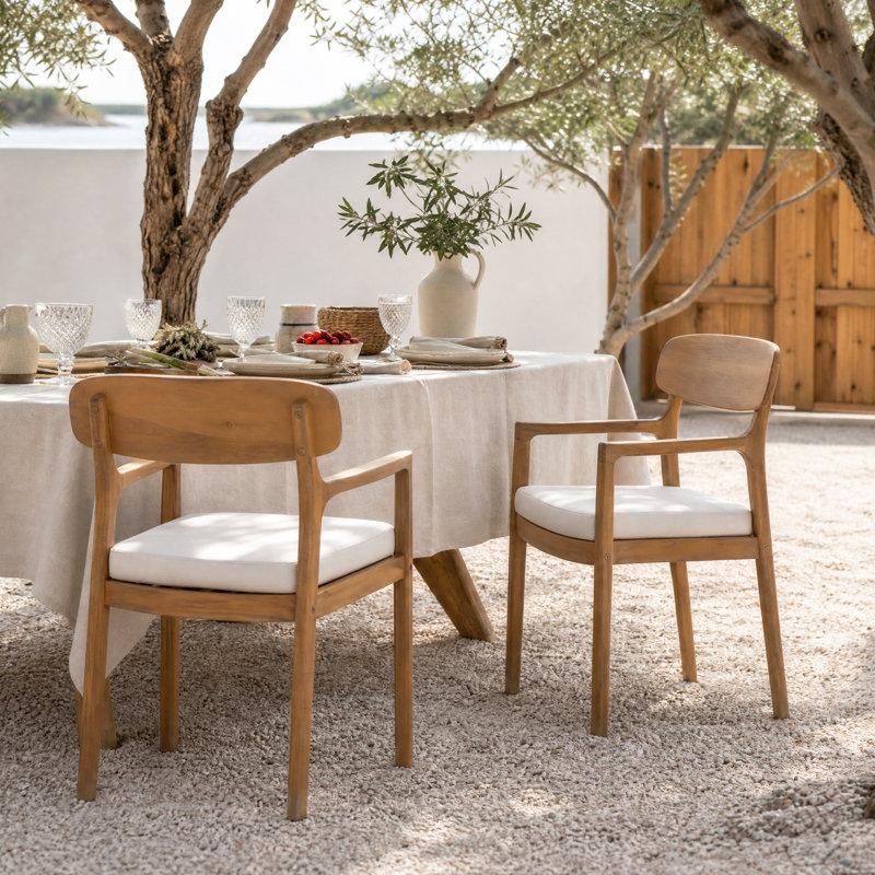 Chaises de salle à manger d'extérieur en bois d'acacia massif avec siège rembourré et dossier courbé minimaliste Oriel