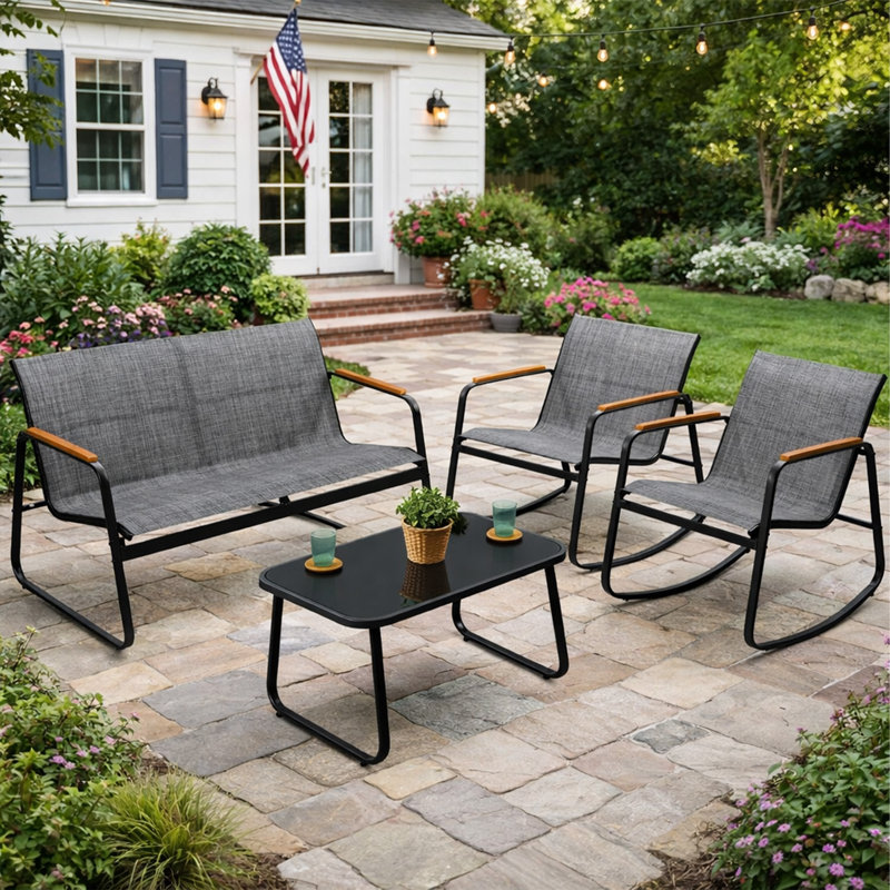 Ensemble de mobilier d'extérieur 4 pièces avec chaises en textilène Kozyard, ensemble de conversation en métal, table basse en verre trempé, structure en acier thermolaqué pour jardin, bord de piscine, arrière-cour grise