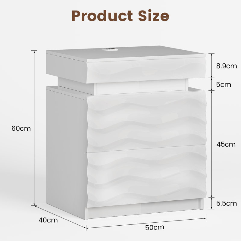 Bedside Table with Hidden Storage and Motion Sensor LED Light, White