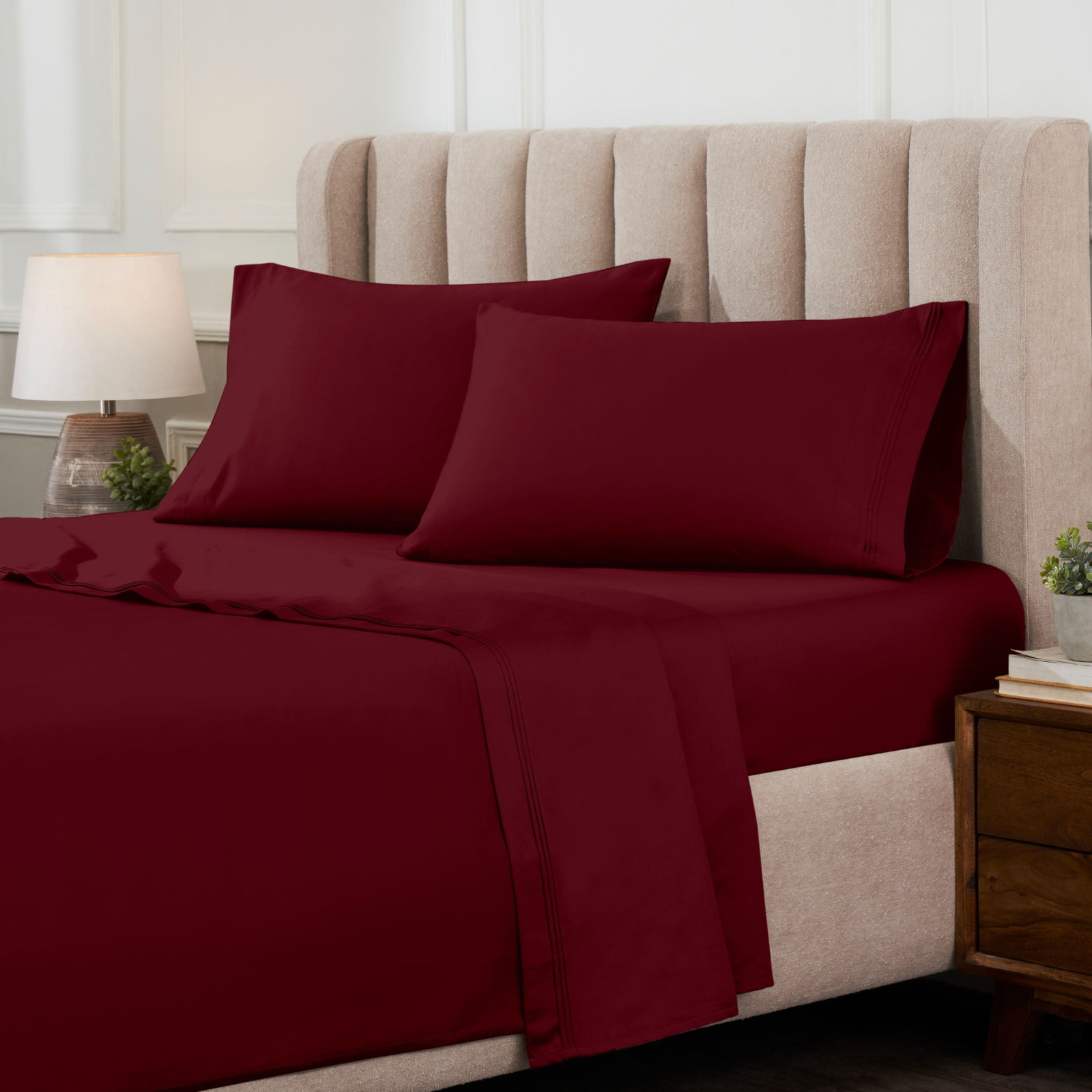Cotton Sheet Set, Burgundy, Queen Sheet Set with 2 Pillowcases