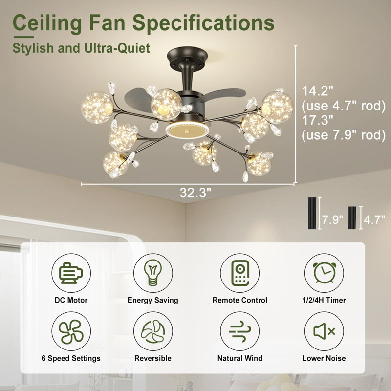 Ventilateur de plafond 32,3 po avec 8 lumières DEL Dawrin