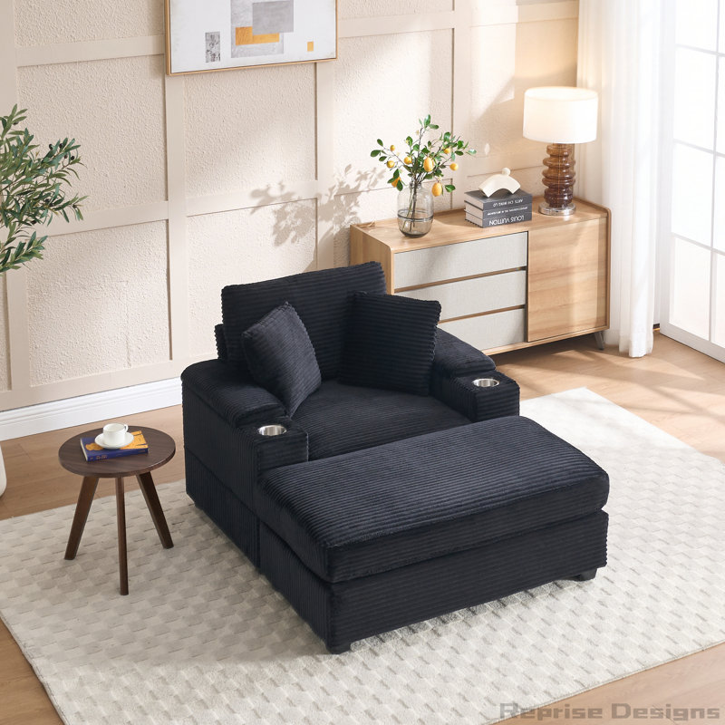 Chaise longue rembourrée avec repose-pieds Corduroy, Noir