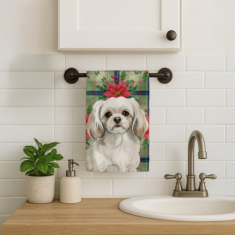 White Tibetan Spaniel Christmas PoinsettIas Kitchen Towel, White Tibetan Spaniel