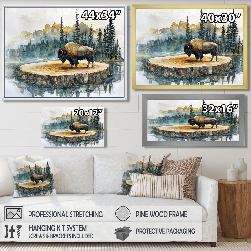 Bison américain dans un paysage d'été I - Bison, art mural, H 30 po x l 40 po, Cadre simple, Noir