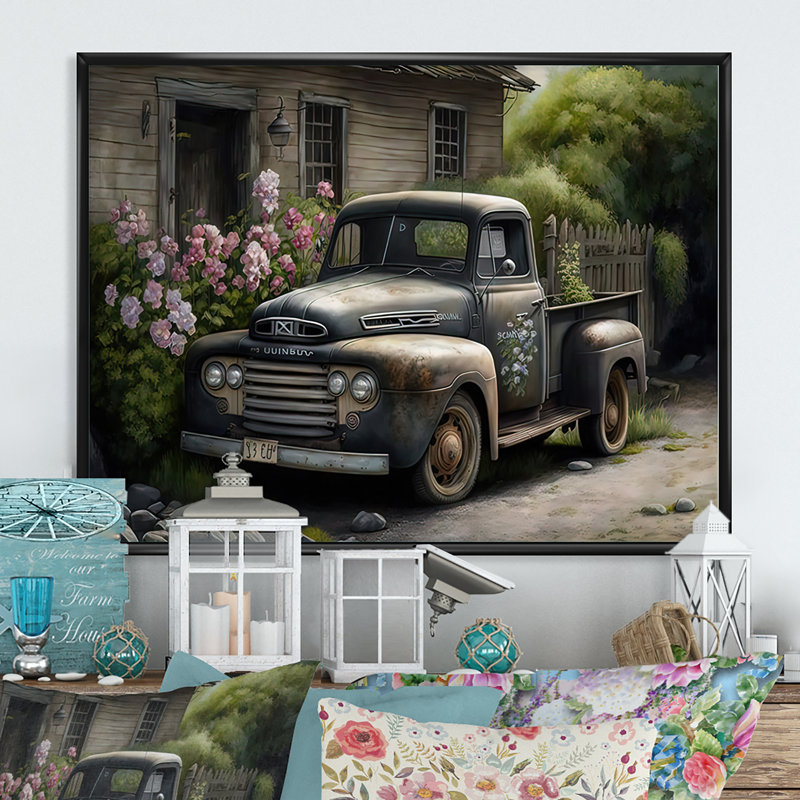 Voiture rétro à la grange - peinture sur toile, H 24 po x l 32 po x P 1 po, Toile avec cadre flottant noir
