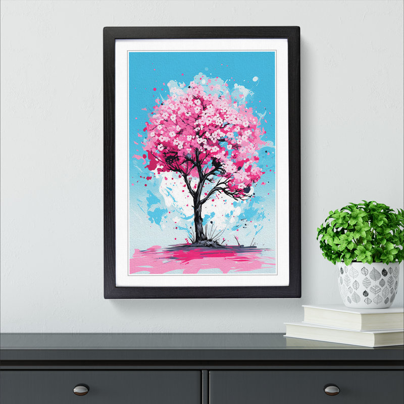 Cherry Blossom Tree Pop - Single Picture Frame Print on Wood, Black Framed, 46cm H x 34cm W x 2cm D