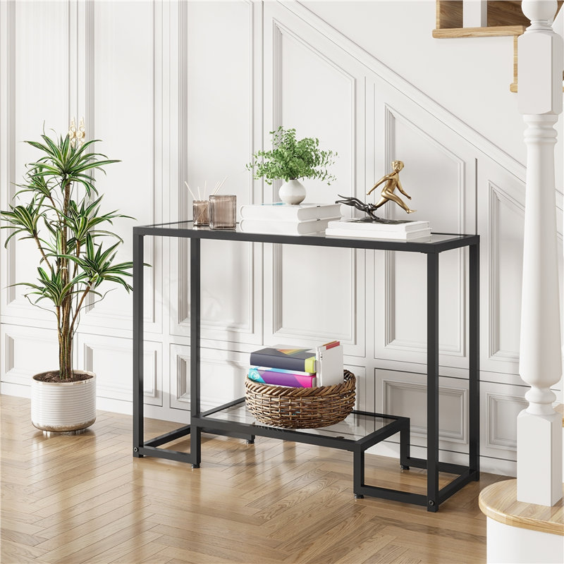 Aileny 42'' Glass Top Console Table, Black