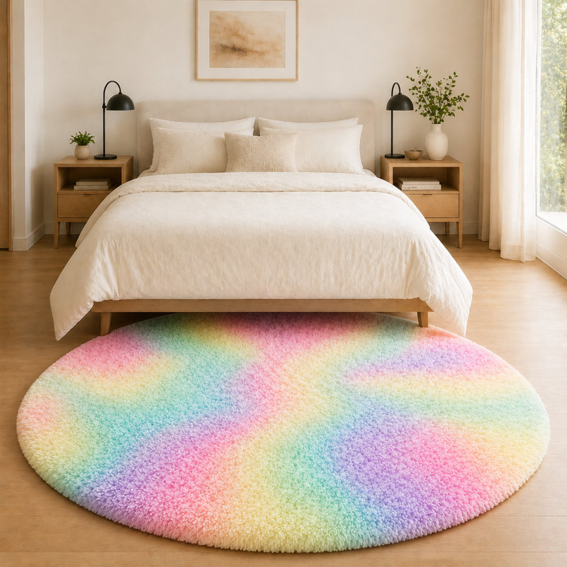 Ebern Designs Soft Fluffy Tie-Dyed Rainbow Shag Area Rug for Living Room Bedroom Nursery Kids Room, Round 6'