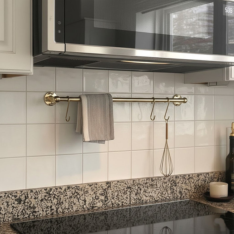 Handmade Unlacquered Brass Storage Rail Rack With Hooks Wall Mounted Organizer Kitchen Pot Rack, 4" H x 20" W x 4" D