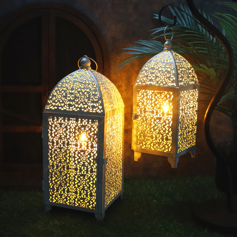 2 Piece Metal Tabletop Lantern Set, White