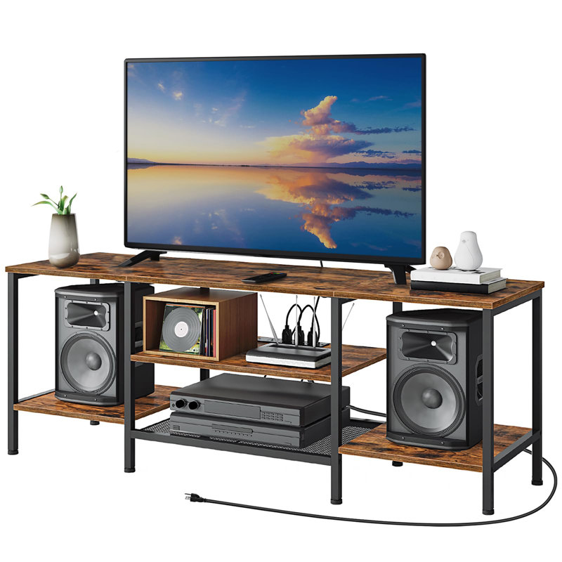 TV Stand With Power Outlets To 55 Inches, TV Console Table With Open Storage Shelves,Rustic Brown + Black