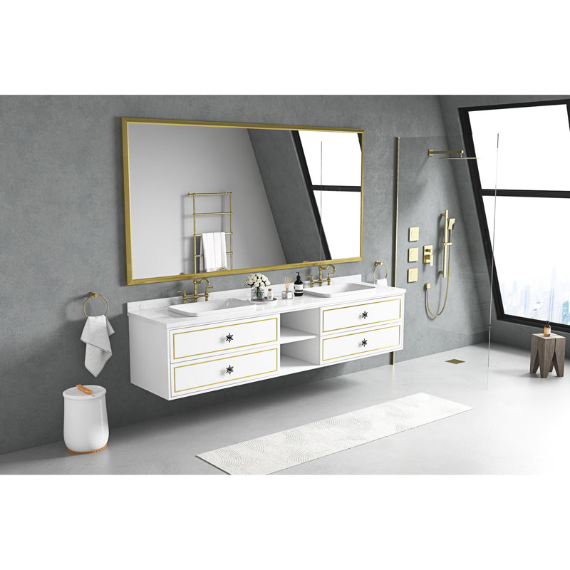84 po W Miroir de salle de bain avec cadre en métal, corrosion, reflet transparent, meuble-lavabo, se suspend de plusieurs façons, or, rouille en alliage d'aluminium, meuble-lavabo HD facilement