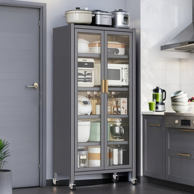 65" Metal 6 Tier Pantry, Transparent Door, Adjustable Shelves, Wheels, Gray, Easy Installation And Usage For Kitchen Living Areas