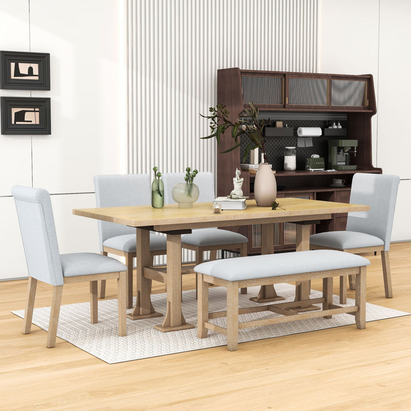 Ensemble de salle à manger 6 pièces Lourdez, table avec chaises rembourrées et banc, Naturel