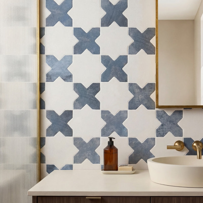 Parma Star-Crossed 6x6 Matte Terracotta Look Porcelain Floor and Wall Tile, White/Blue