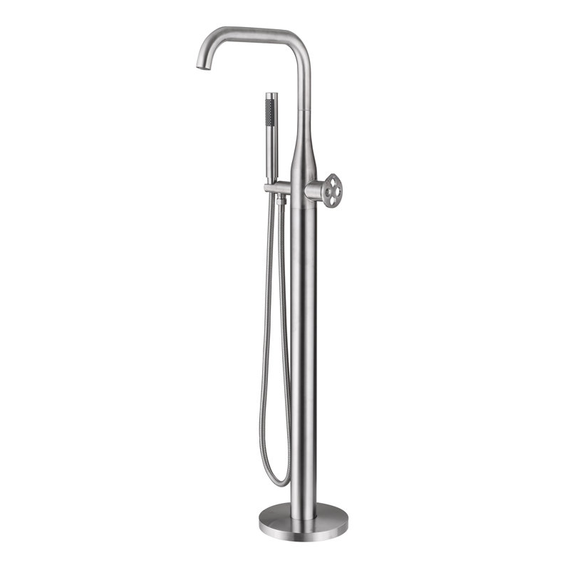 Robinet de baignoire à fixation au sol en acier inoxydable de 42 po de hauteur avec douche à main, Nickel brossé