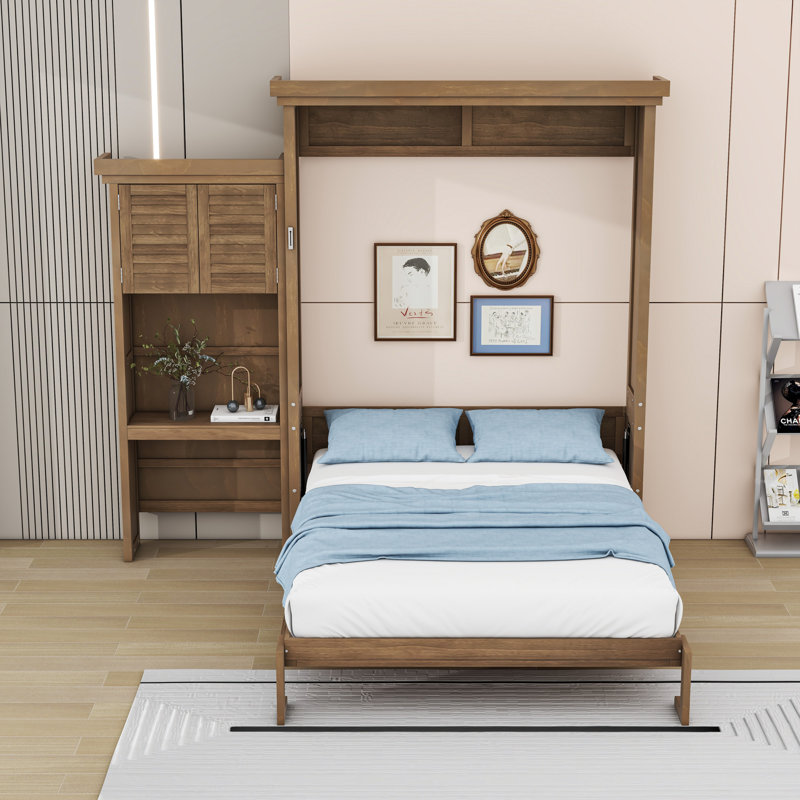 Grand lit escamotable en bois avec tablettes de rangement multifonctionnelles et lattes intégrées, Bois
