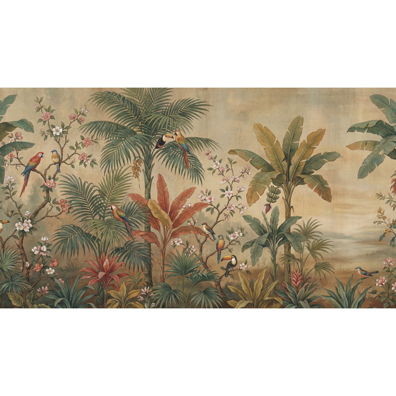 Papier peint exotique tropical avec papier peint oiseaux tropicaux, 120" x 96", Peler et coller