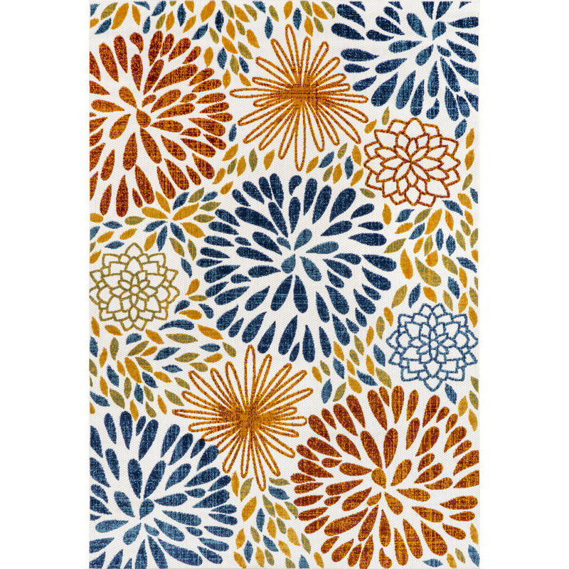 Weyland Floral Power Loom Blue/Orange Indoor/Outdoor Patio Rug, Rectangle 3' x 5'