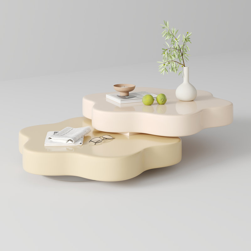 Table basse rotative en forme de fleur Masek, couleur moderne et blanc crème, table basse extensible