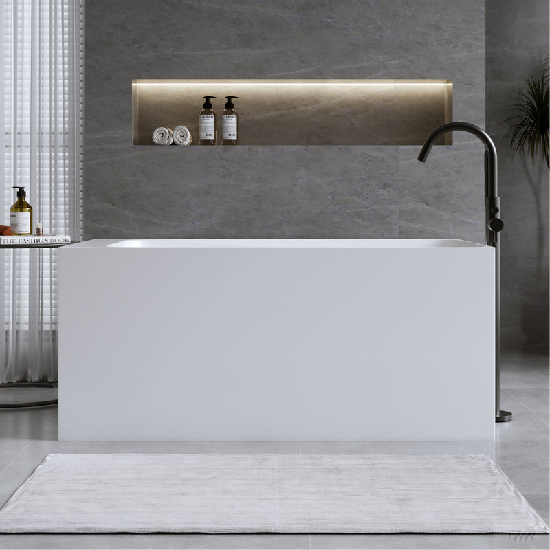 Baignoire 51 po à surface solide matte, baignoire autoportante en pierre de résine à surface solide, baignoire profonde blanche matte, baignoire autoportante avec trop-plein et bonde escamotable, blanc mat
