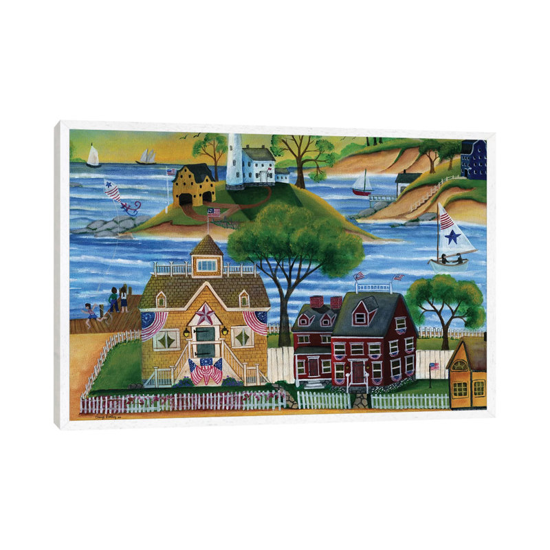 Americana Seaside Lighthouse by Cheryl Bartley - Painting on Canvas, White Framed, 45.72cm H x 66.04cm W x 3.81cm D