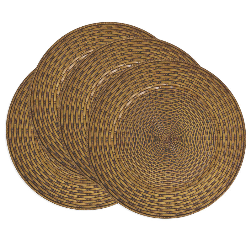 Brown Rustic Woven Look Faux Rattan Charger Plates 13" Round, Set Of 4 