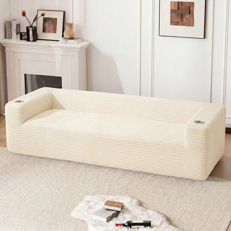 Boneless Modern 92" W Couch Corduroy Compression Sofa with Cup Holders and Storage, White