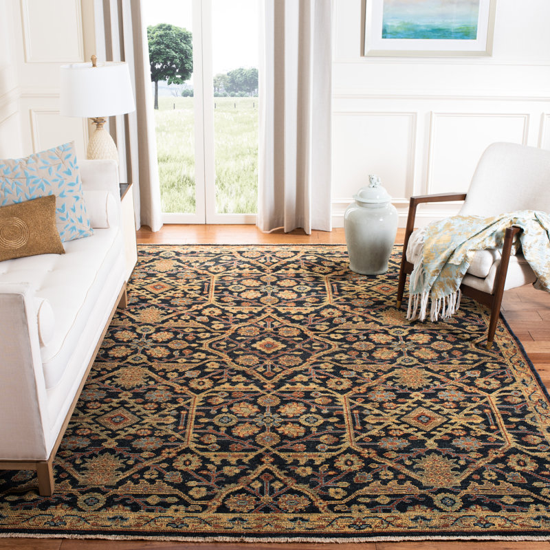 Oriental Hand-Knotted Blue / Gold Area Rug, Rectangle 6' x 9'