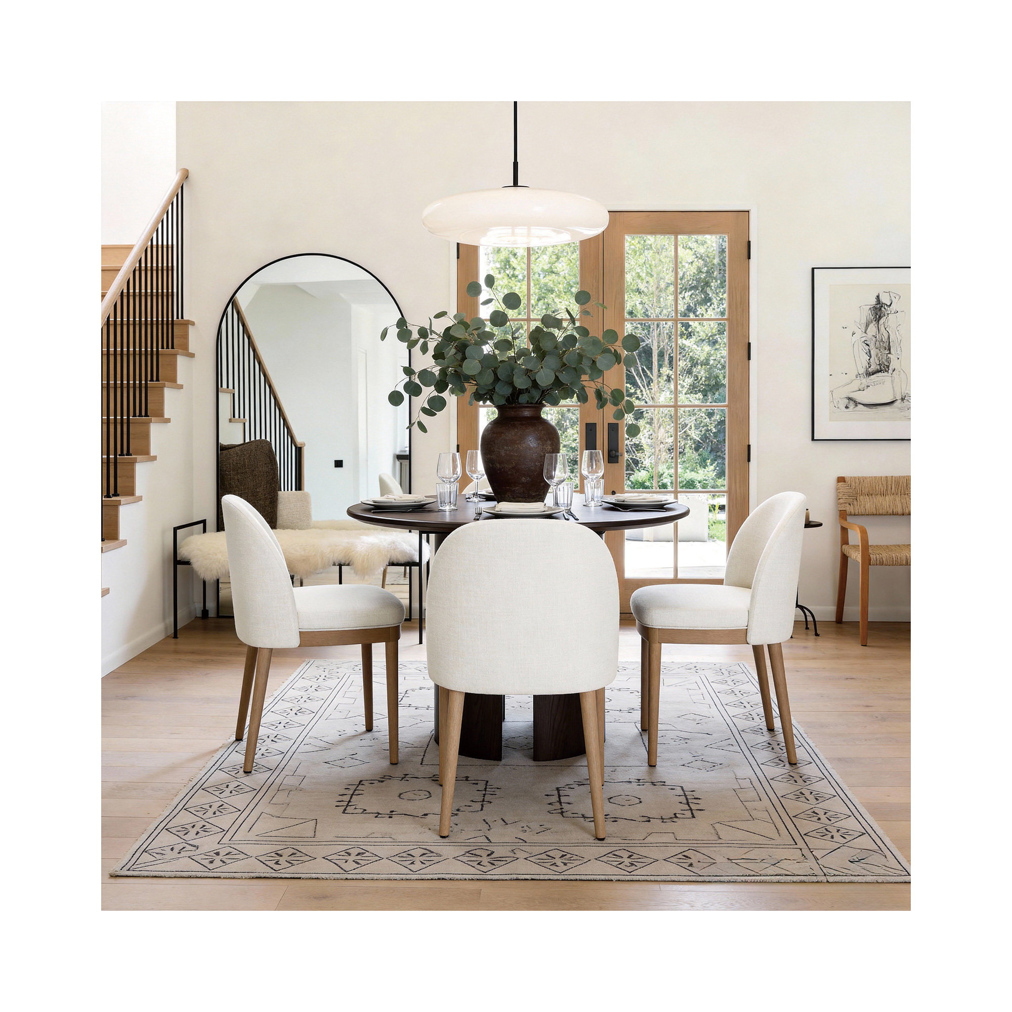 Curved Back Upholstered Dining Chair With Solid Wood Legs, Natural Wood