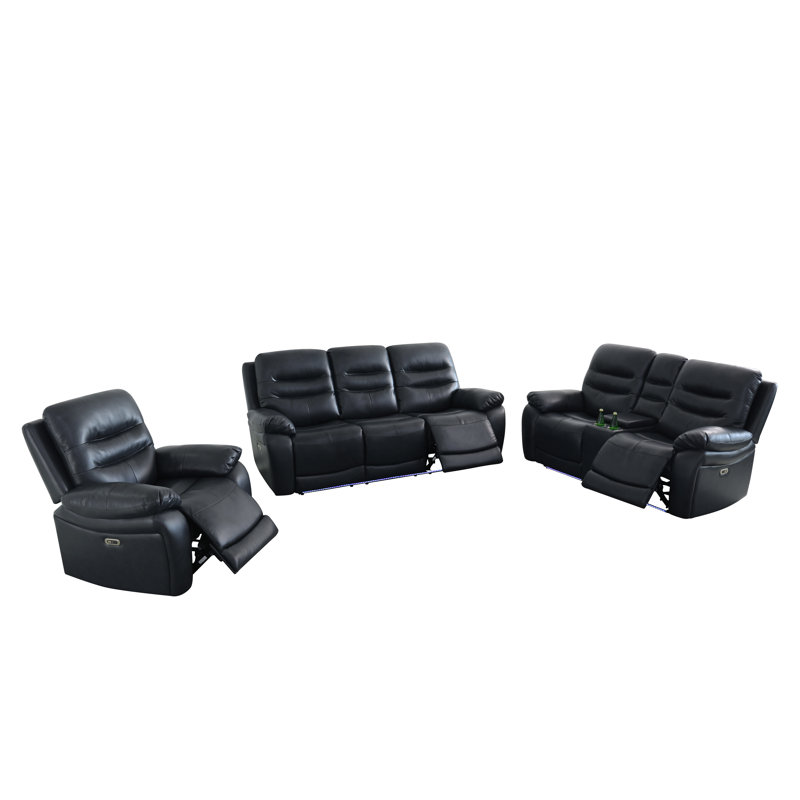 Ensemble de canapé de salon inclinable en cuir et PVC 3 pièces avec porte-gobelets, charge sans fil et lumières DEL Sterling