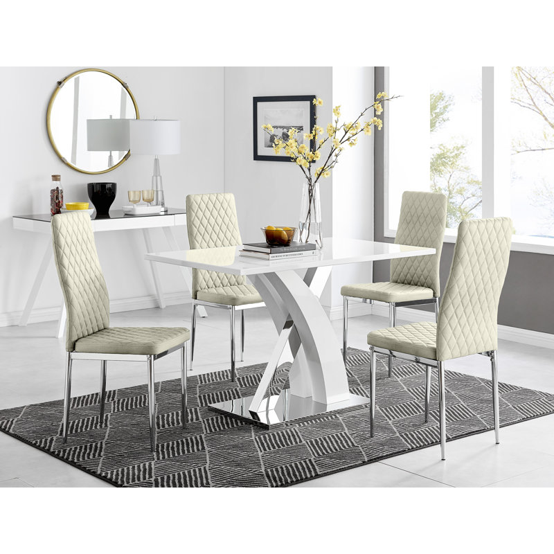 Marietta Chrome Metal and White High Gloss Dining Table Set - 4 Luxury Velvet Dining Chairs, Cream/Silver