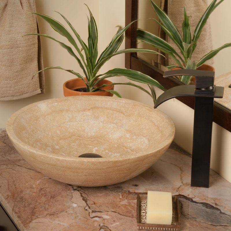 Novatto 17'' Polished Beige Travertine Stone Circular Bathroom Sink with Faucet