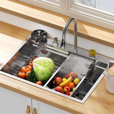 Ensemble d'évier de cuisine à cascade de 30 pouces en nickel brossé avec cuve simple en acier inoxydable 304 de qualité supérieure