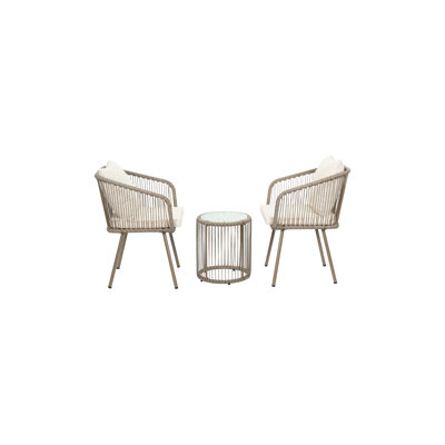 3-Piece Outdoor Patio Bistro Set, Hand-Woven Rattan Wicker Conversation Set with Cushioned Chairs and Glass Top Table for Balcony, Garden, Deck