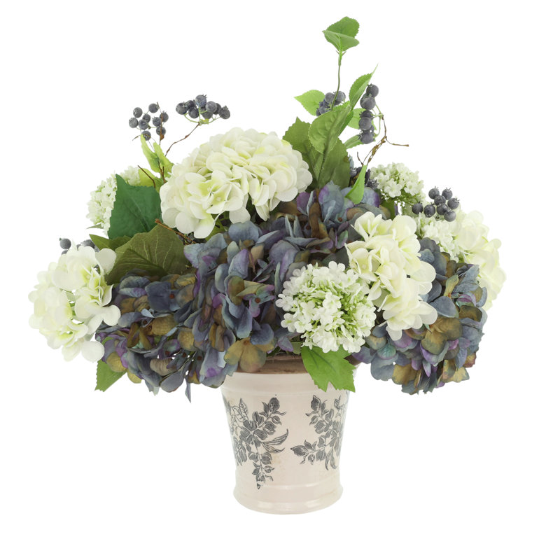Hydrangea and Viburnum Arranged in Ceramic Vase with Berries