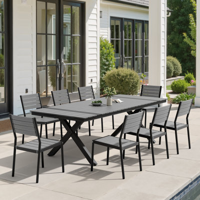 8 - Person 90.3‘’ W X 40.5'' D Aluminum Patio Dining Set With Umbrella Hole And Stackable Chairs