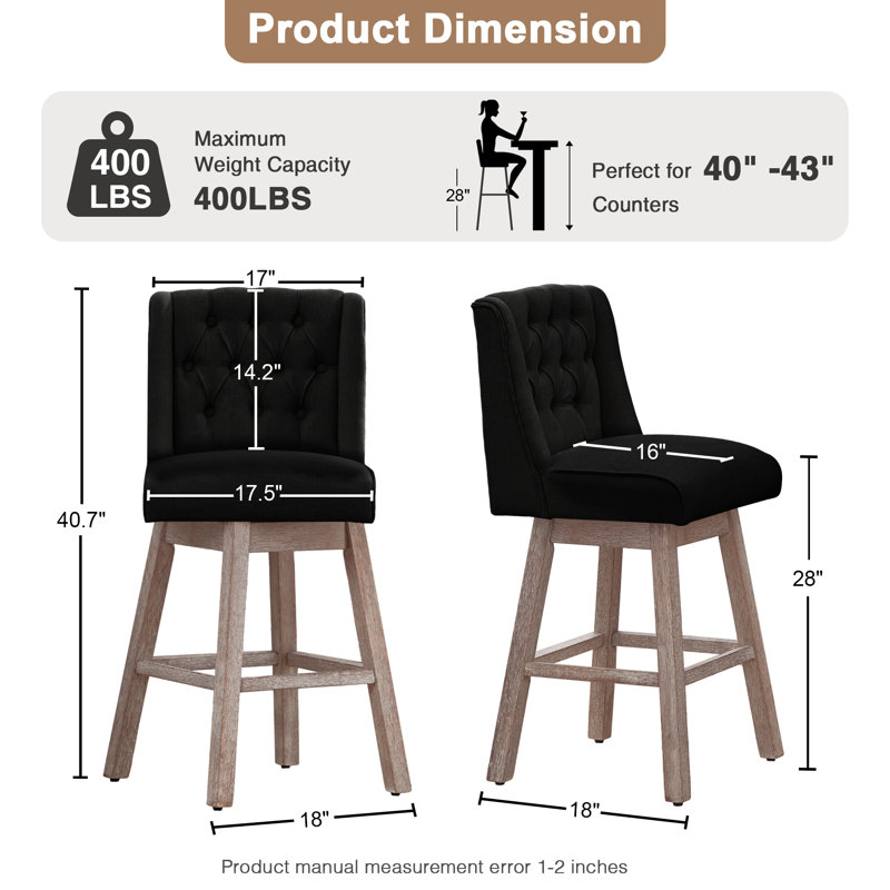 Terron 360° Swivel Barstool with Solid Wood Legs, Bar Stool (28.5" Seat Height), Black