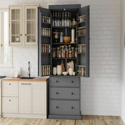 77" Farmhouse Kitchen Pantry, Freestanding Tall Cupboard Storage Cabinet with 3 Adjustable Shelves, 8 Door Shelves, 3 Drawers for Kitchen, Dining Room
