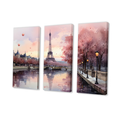 «Pink Twilight Rendezvous In Paris II», reproduction sur toile 3 pièces