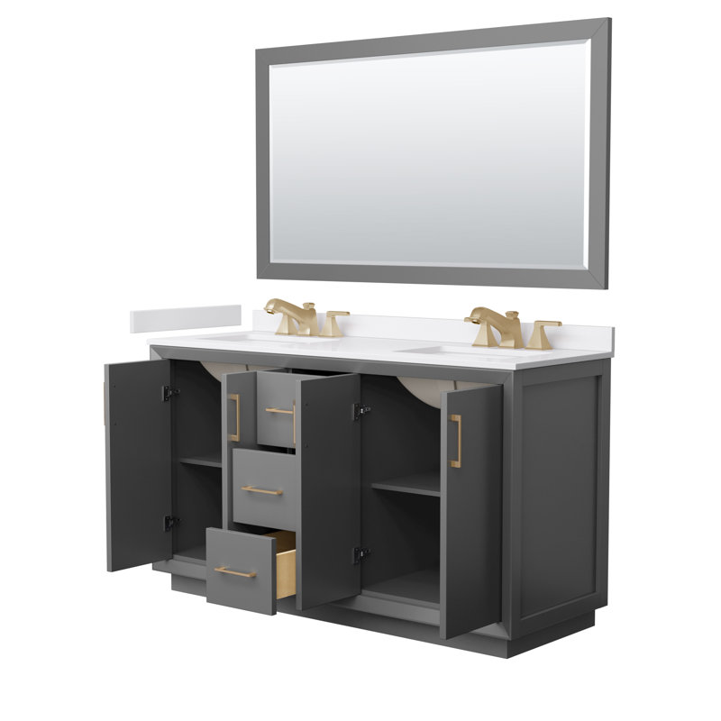 Meuble-lavabo double autoportant 60 po avec plateau en marbre Strada, Gris / noir mat, L 60 po, Marbre de culture blanc