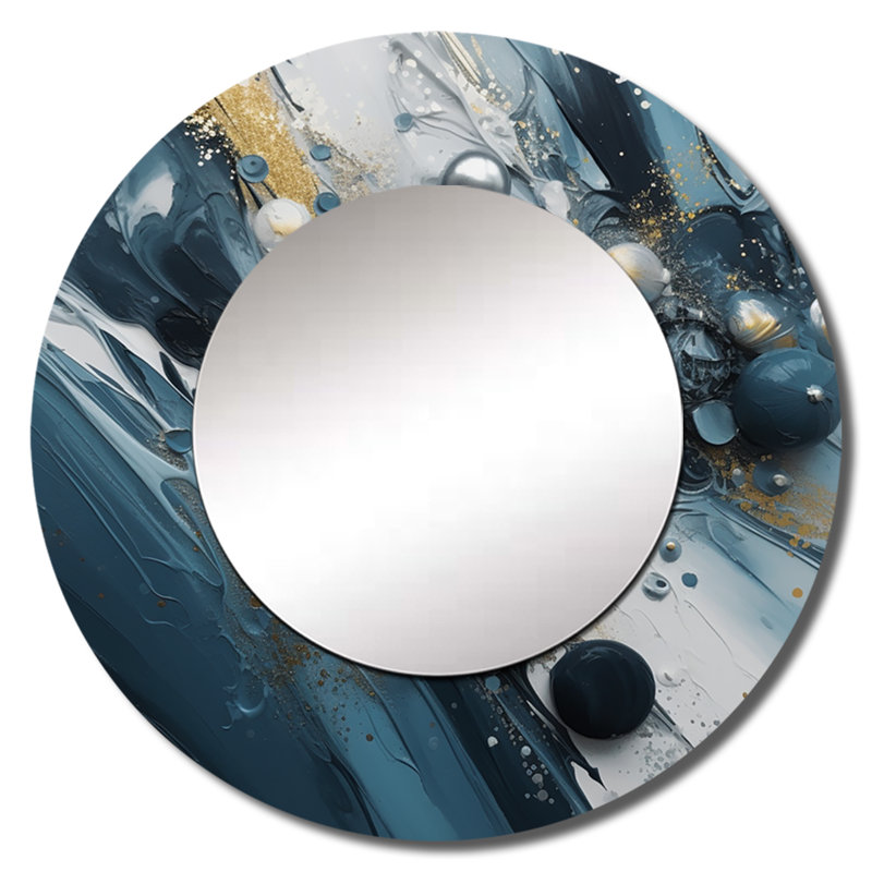 Panseluta bleu et blanc, coups de pinceau Transcendent IV - grand tableau abstrait, miroir mural rond bleu, impression sur métal