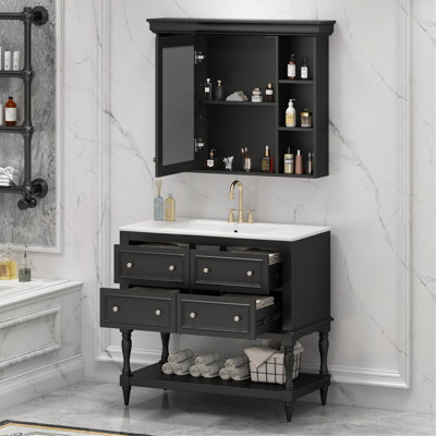 Meuble-lavabo 36 po avec armoire à pharmacie, armoire à miroir moderne avec tablette réglable, armoire de rangement pour salle de bain avec 4 tiroirs, armoire de rangement avec cadre en bois massif