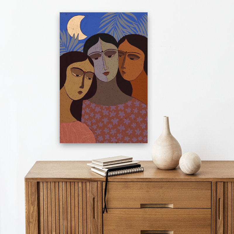 Three Women Under Moon Dreamy Peaceful Serene Palm Nature Portrait Wall Art Print 1 Piece Wrapped Canvas Wall Art