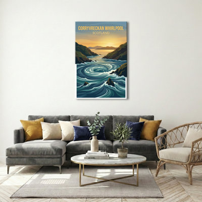 Corryvreckan Whirlpool, Scotland - Romantic Travel Poster of Wild Atlantic Swirls. Giclee Print on Wrapped Canvas. Wall Art, Home Decor - Natural Landmarks, Scotland 1 Piece Wrapped Canvas Wall Art
