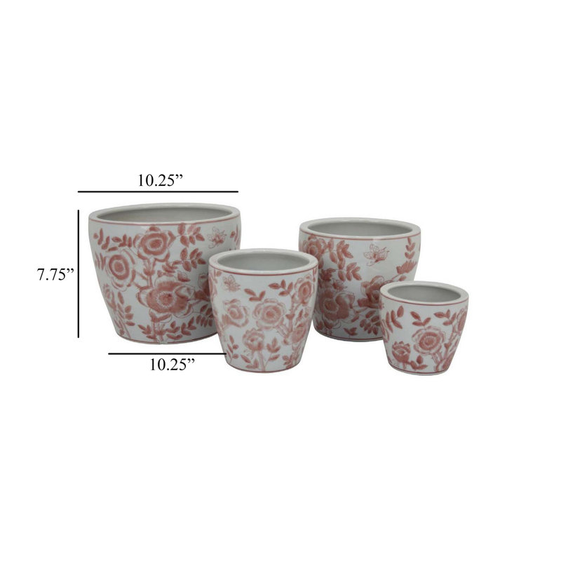 Ensemble de 4 pots à fleurs Kerry, motif floral rose, céramique blanche